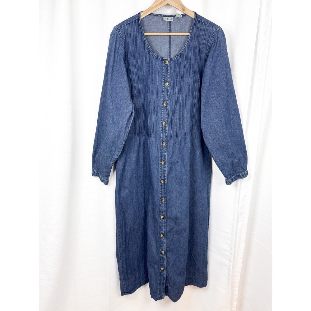 Vintage LL Bean Denim Maxi Dress Women 14 Cotton Pintuck Button Front Blue EUC